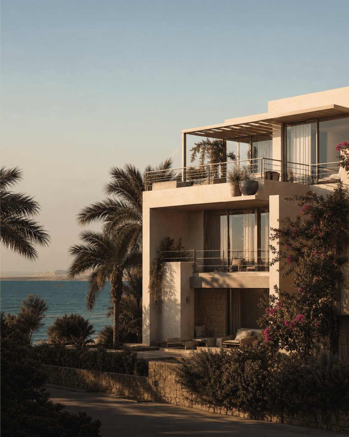 Contemporary Red Sea residence surrounded by palms and coastal gardens