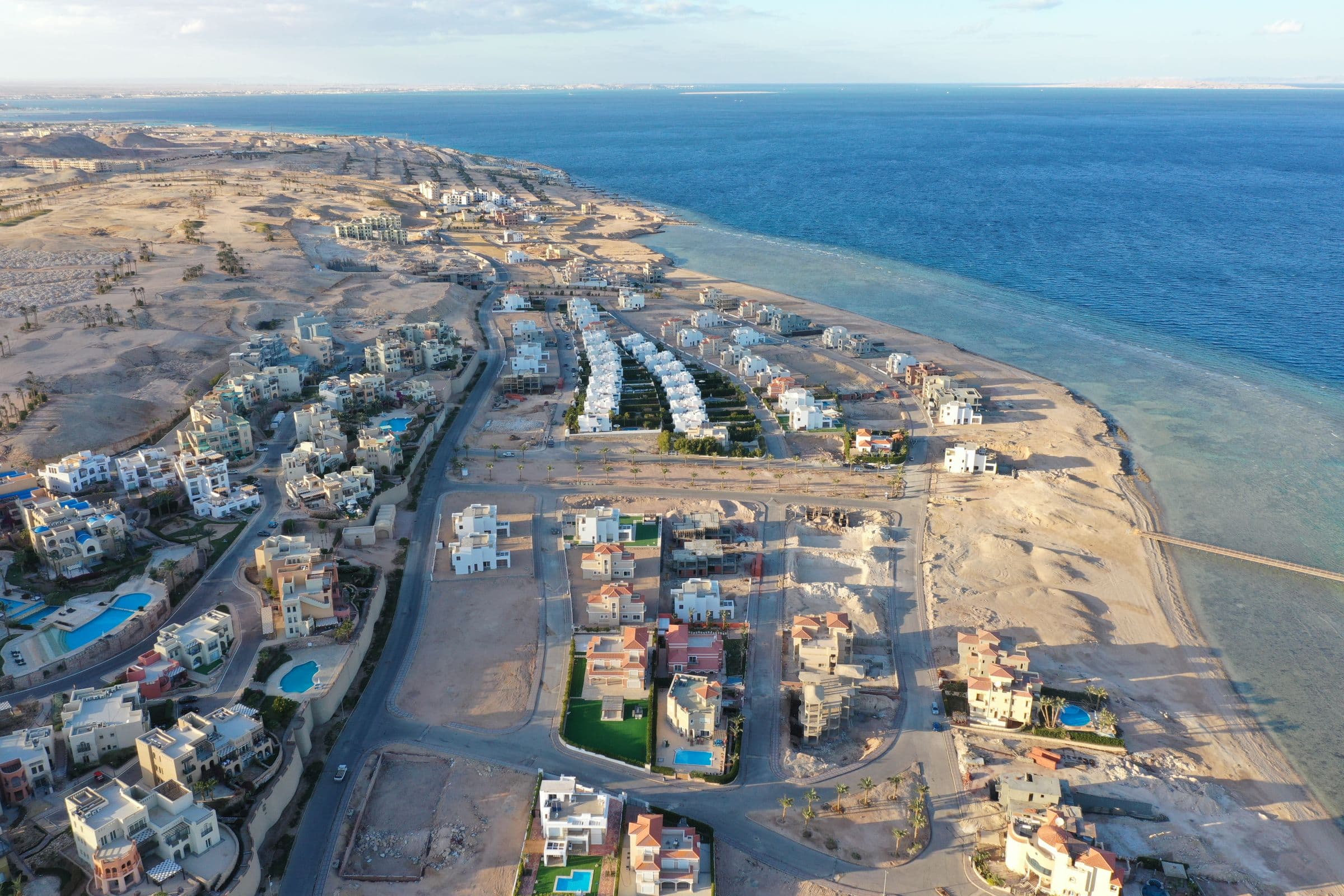 Aerial view of homes and the Red Sea coastline in Hurghada