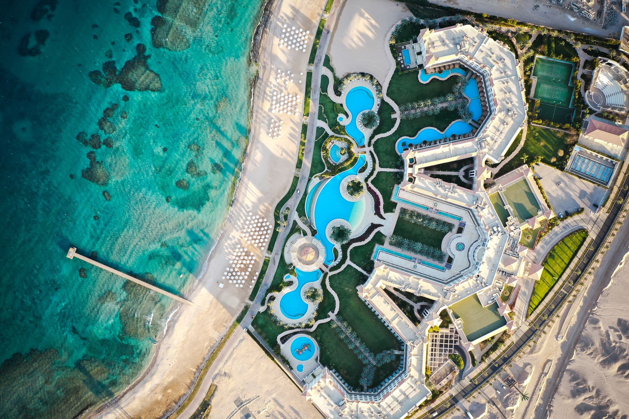 Aerial view of a beachfront resort and the Red Sea in Hurghada