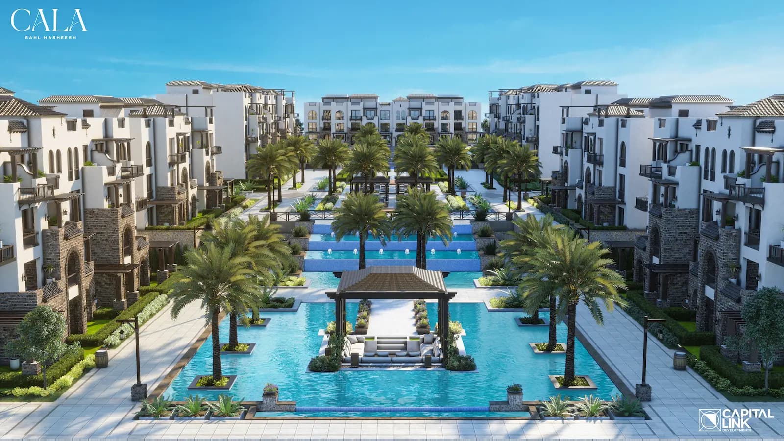 CALA Sahl Hasheesh serviced apartments surrounding landscaped swimming pools