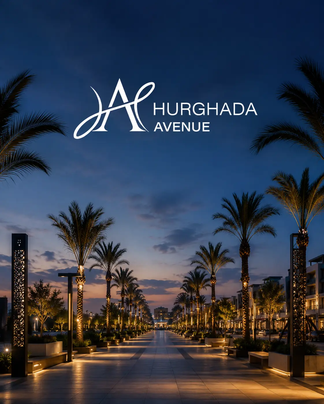 Hurghada Avenue residential entrance and ground-floor cafés at sunset