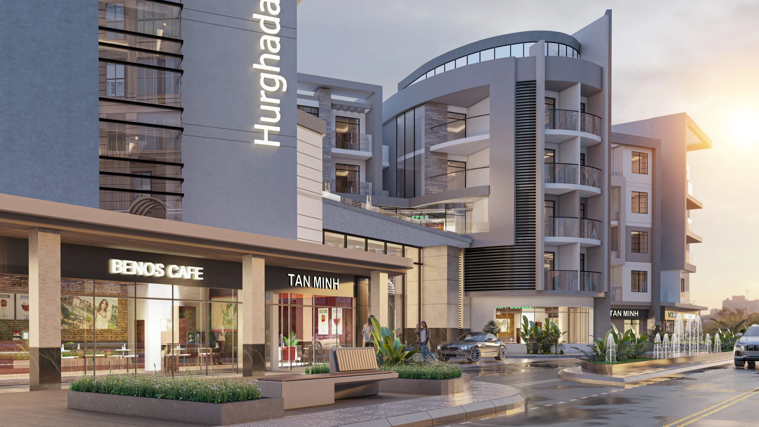 Hurghada Avenue residential entrance and ground-floor cafés at sunset