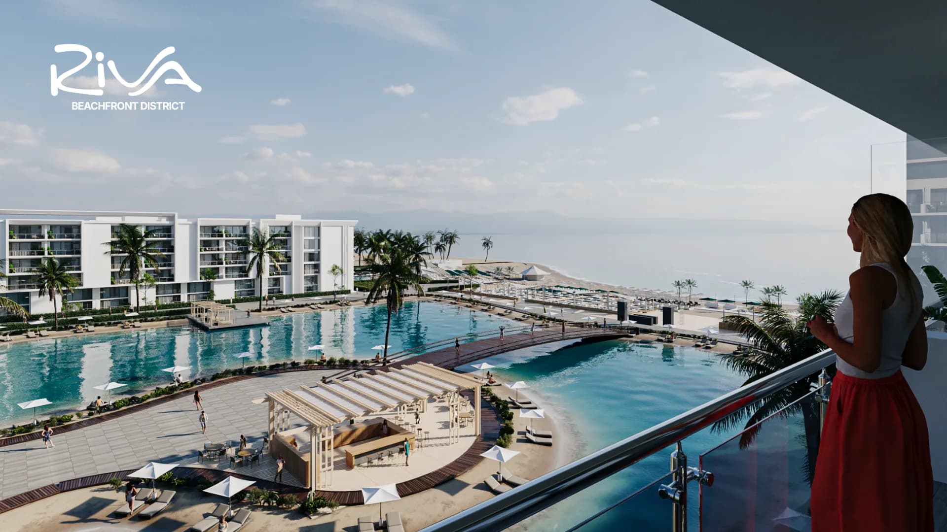 Riva Beachfront District residences, pools and Red Sea shoreline viewed from a balcony