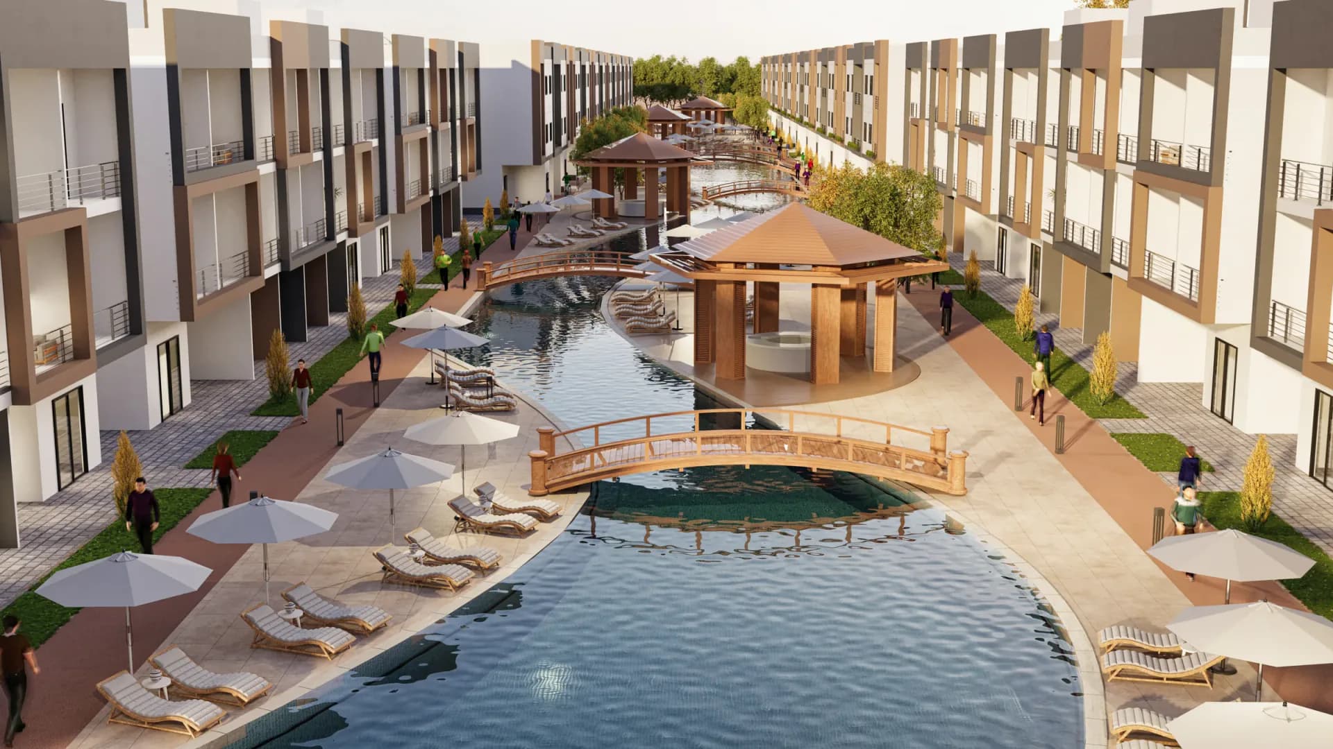 Aerial view of Venecia Red Sea swimming pools and modern residences in Hurghada