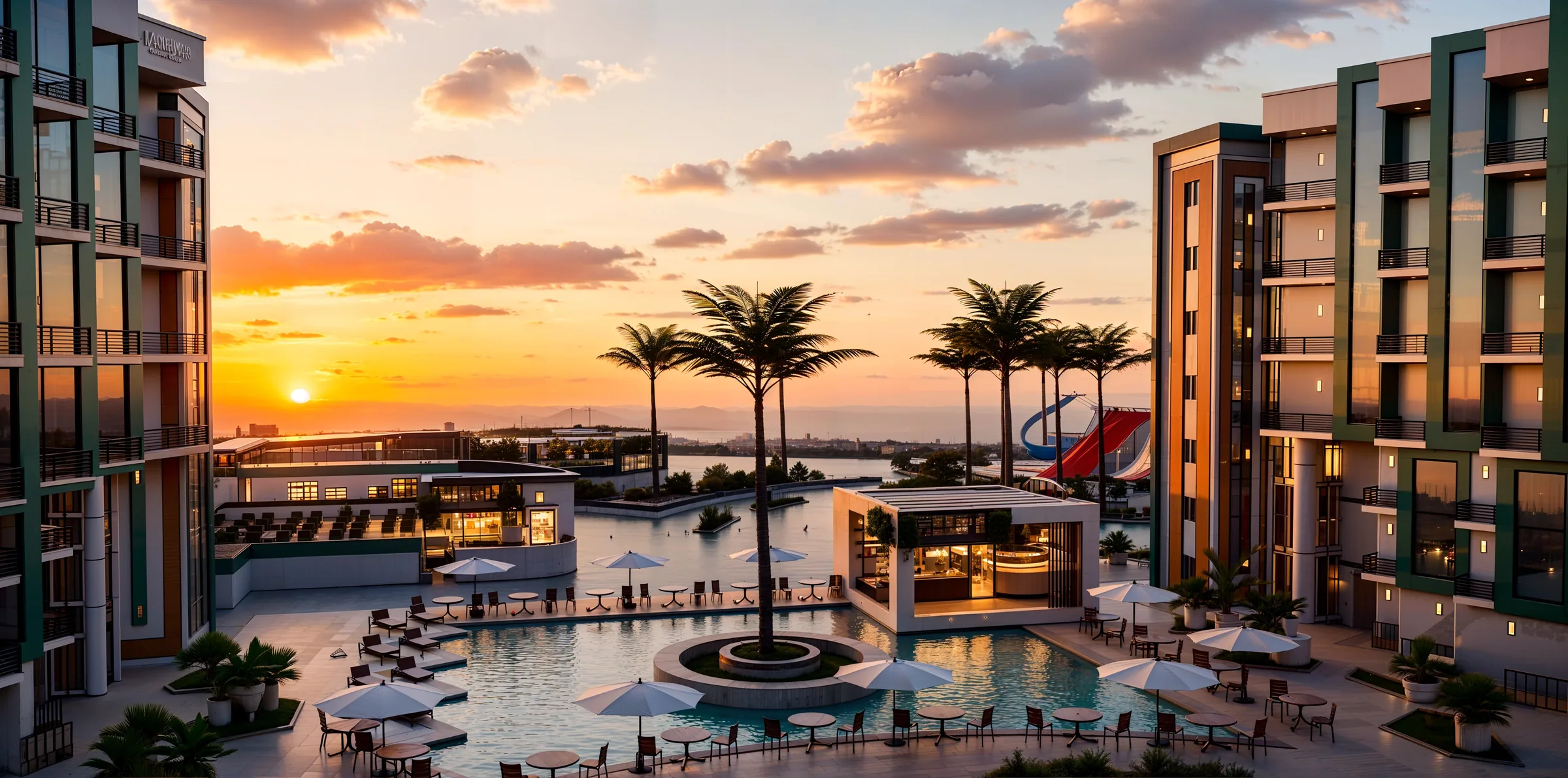 Architekturvisualisierung der Pools und Strandlage im Hayat Beach Resort bei Sonnenuntergang