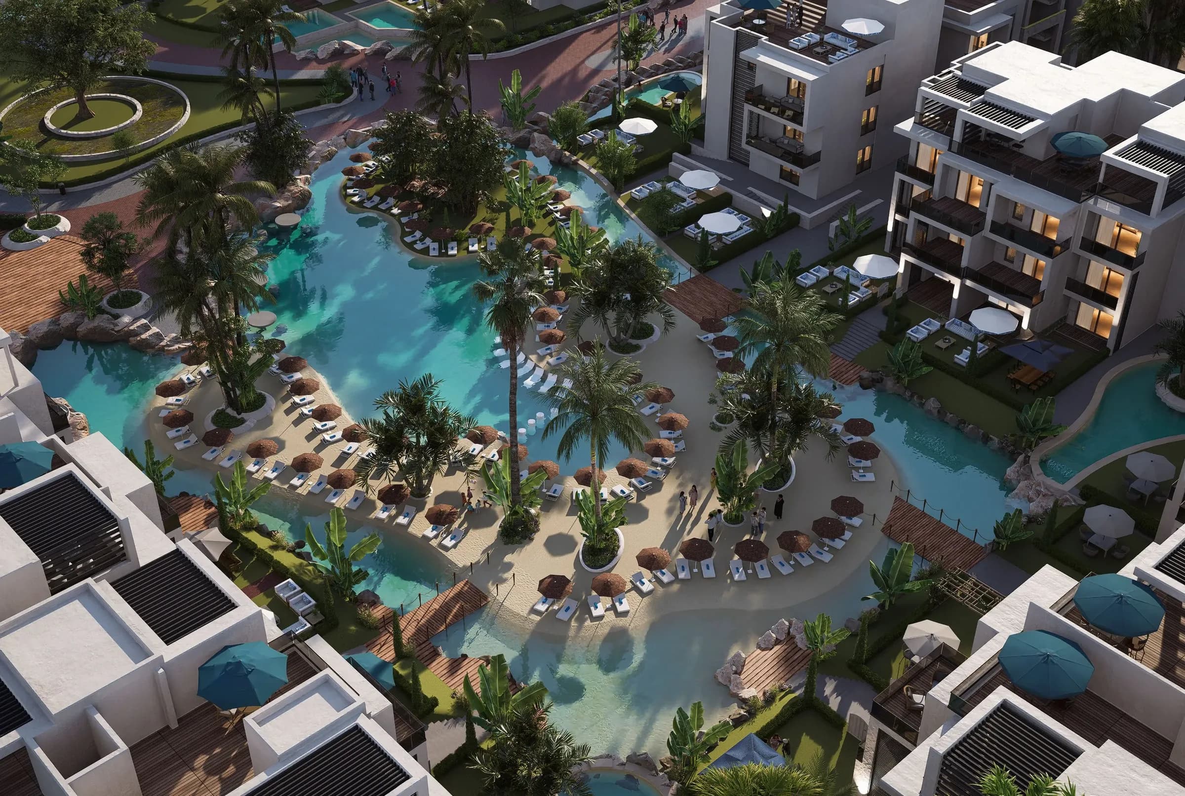 Aerial view of ONE7 Residences tropical lagoon and low-rise homes in Hurghada